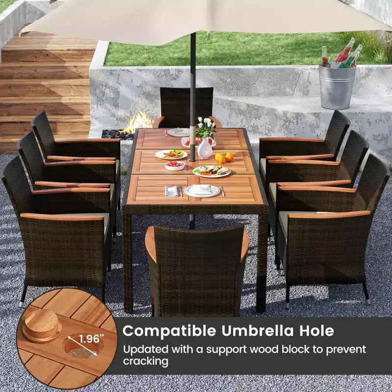 Costway 9PCS Patio Rattan Dining Set Armrest Cushioned Chair with Acacia Wood Table, 1.96 Umbrella Hole
