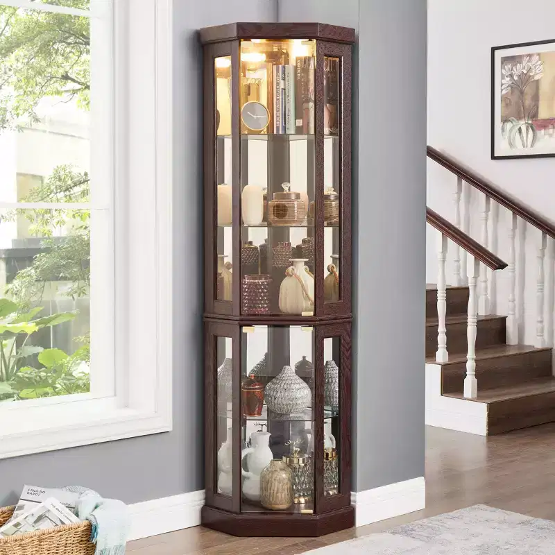 Corner Glass Cabinet with Light, Adjustable Shelves, and Mirrored Back Panels for Living Room Display