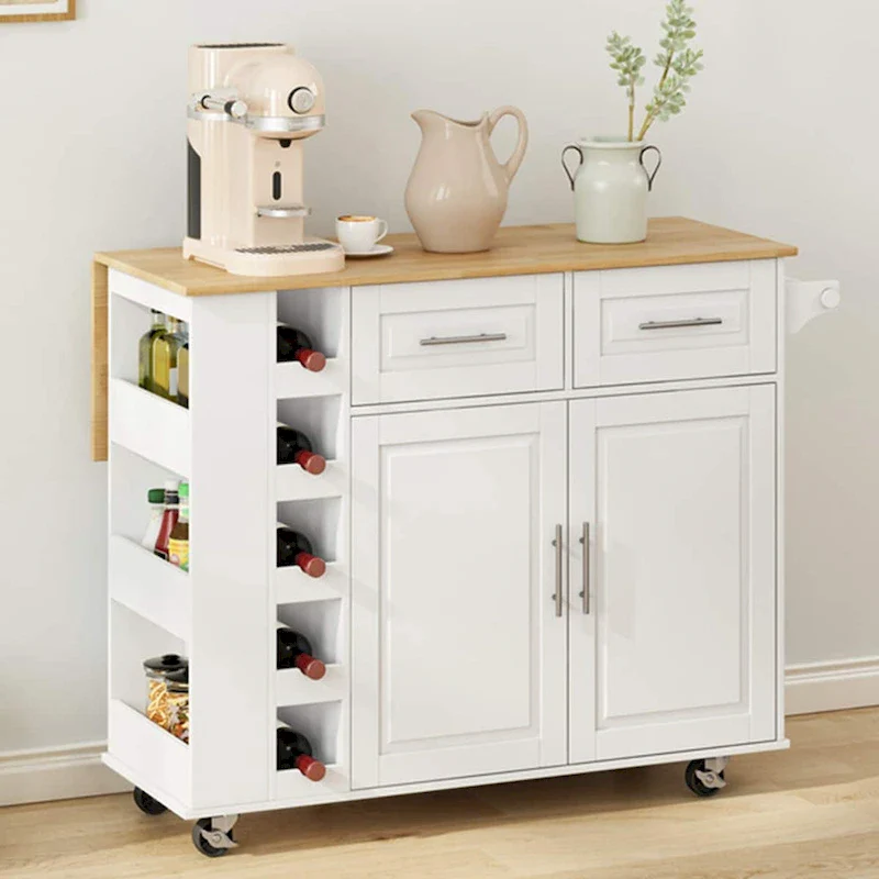 Foldable Kitchen Island Cart with Spice Rack, Towel Holder & Wine Rack