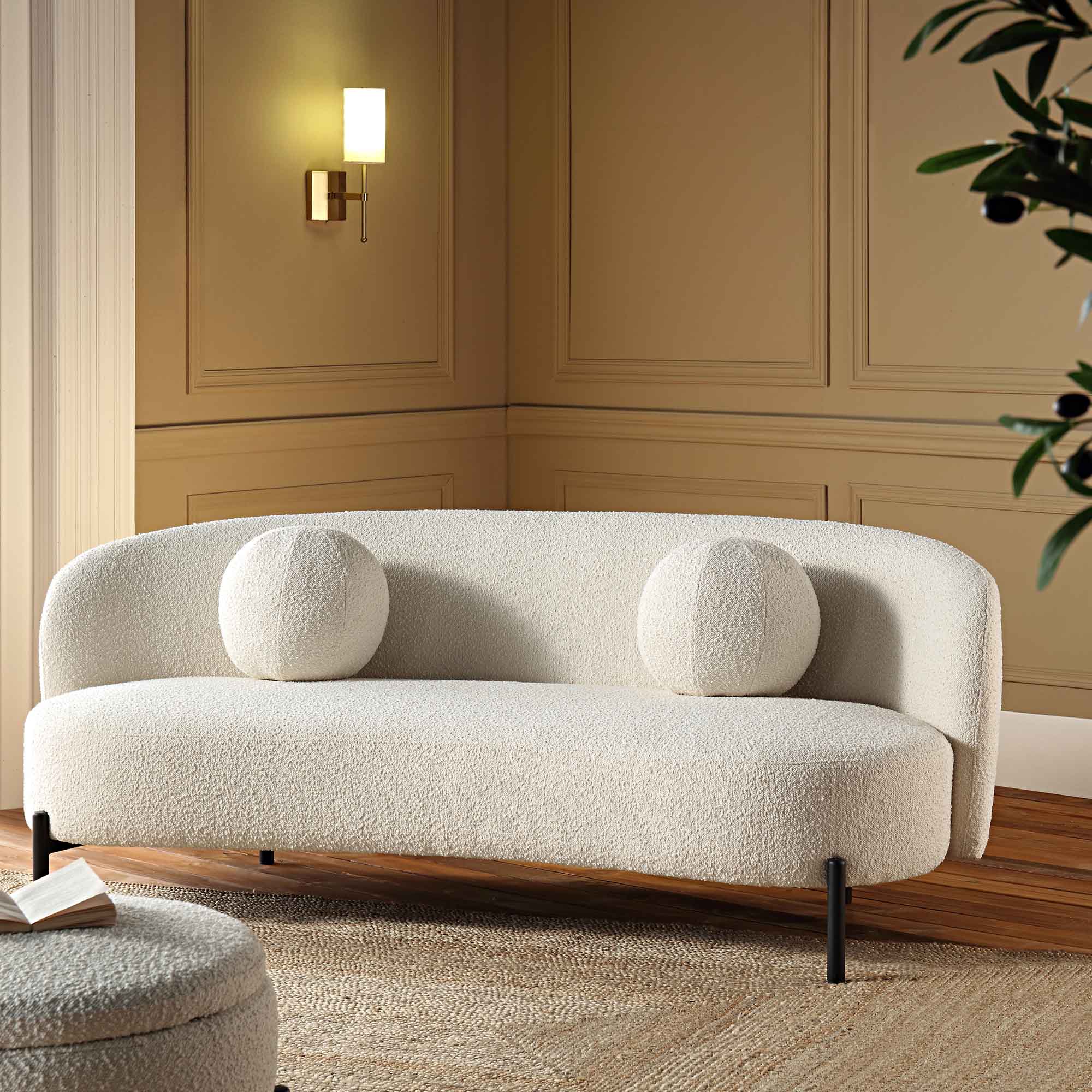 3-Seater Curved Sofa with Ball Cushions, Ecru Boucle