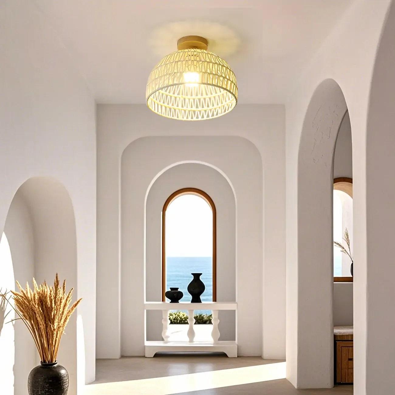 Natural Finish Semi Flush Ceiling Light with Rope Dome Shade