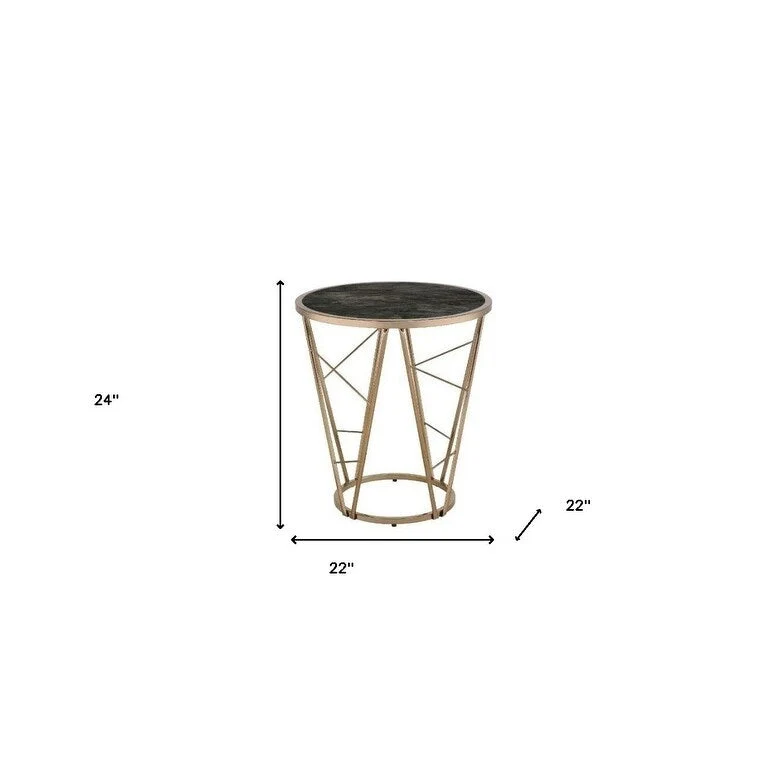 HomeRoots 24 Champagne And Black Faux Marble Glass And Metal Round End Table - 22' X '24' X '22