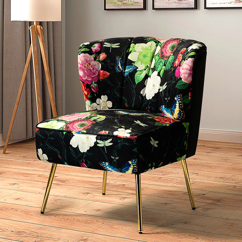 Polyester Tufted Barrel Side Chair with Foam Fill & Gold Tapered Metal Legs | Black / Ivory / Green / Blue / Yellow | Single Seat