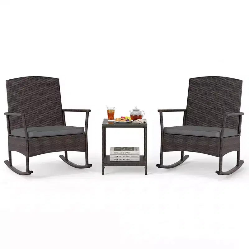 Costway 3 Piece Patio Rocking Set Wicker Rocking Chairs with 2-Tier Coffee Table Turquoise/Off White/Black