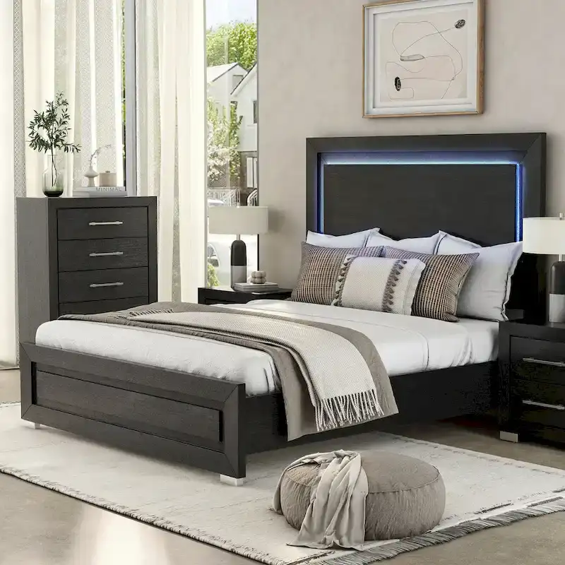 Modern Black Solid Wood Panel Bed with LED Light Headboard