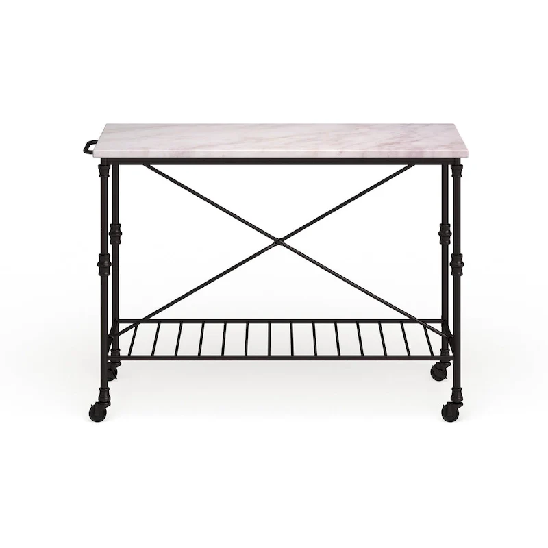 SEI Furniture Black Faux Marble Rolling Kitchen Island