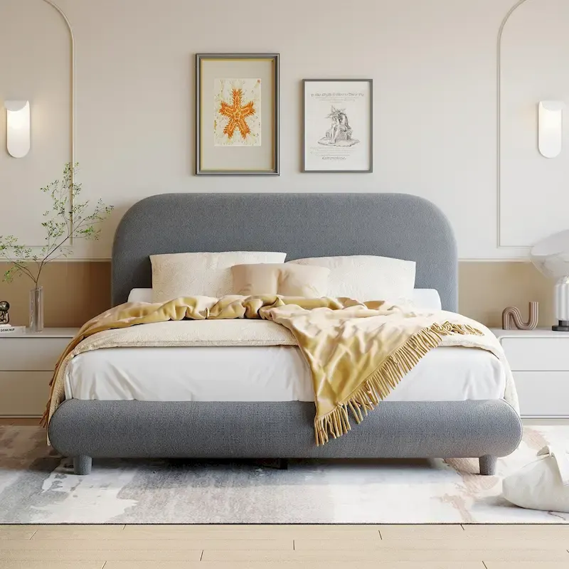 Grey / Beige Full Size Upholstered Platform Bed, Teddy Fleece, Fits 2