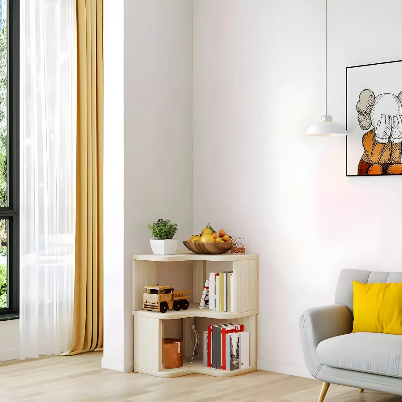 Vertical Wooden Corner Bookcase with Open Shelves