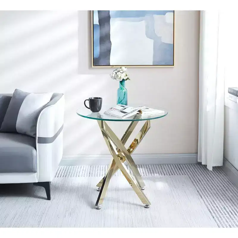 Okak Modern Round End Tables with Tempered Glass Tabletop, Couch Table with Stainless Steel Legs, Side Table for Living Room, Bedroom, Gold