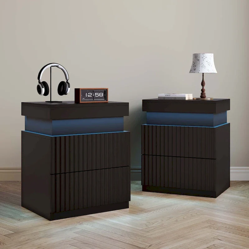 JASIWAY LED Night Stand Bedside Table with Charging Station- Set of 2