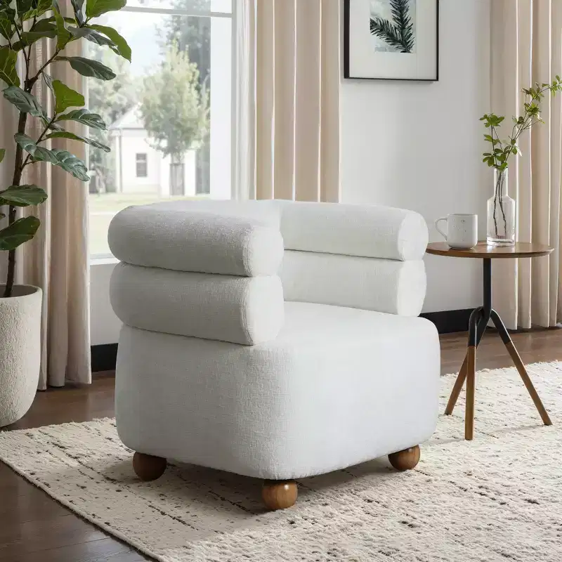 LuxenHome Modern Upholstered Ivory Barrel Accent Chair with Wood Ball Legs Beige