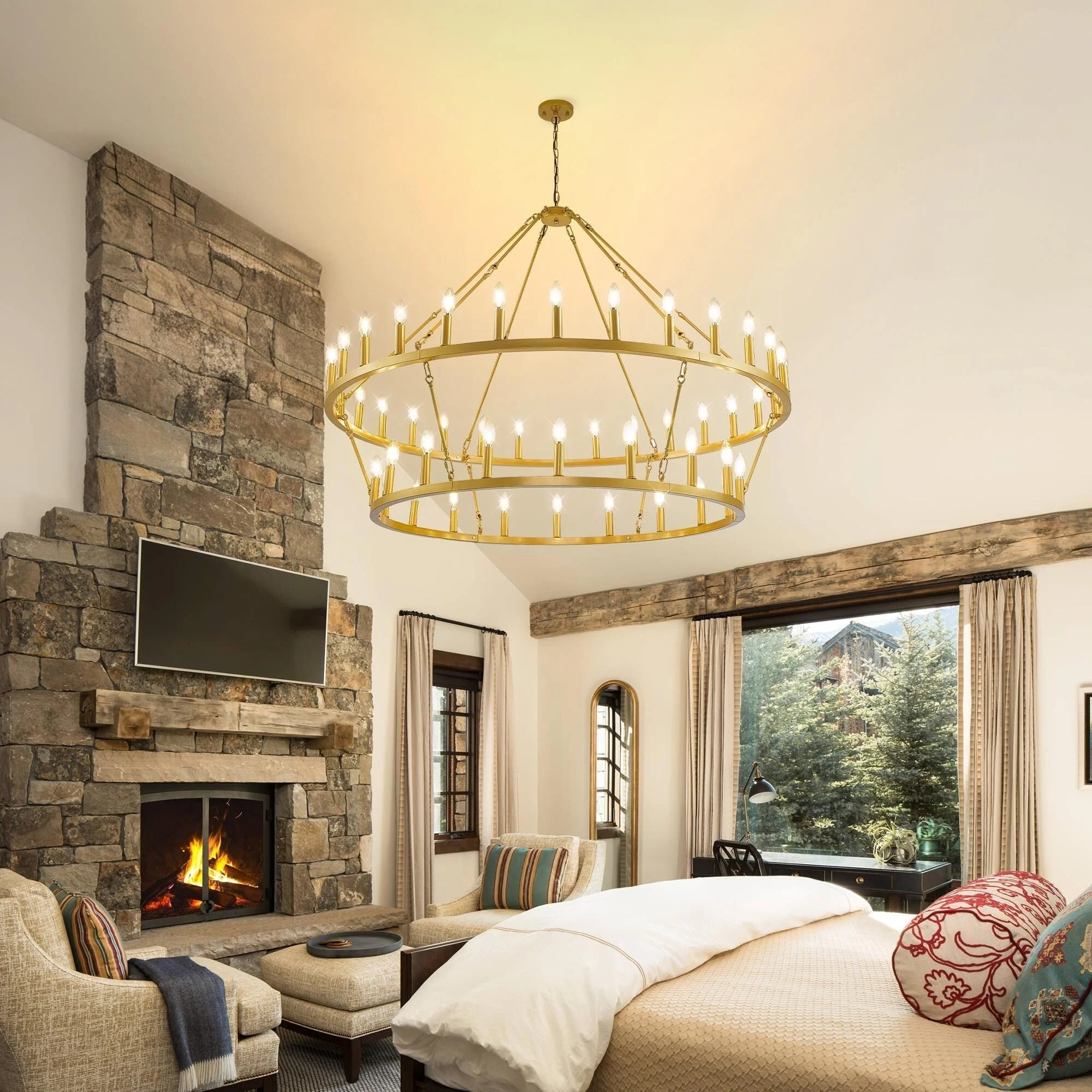 Modern Farmhouse Chandelier 2 Tier Round Wagon Wheel Chandelier Large High Ceiling Light.