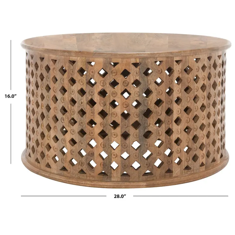 Round Mango Wood Coffee Table with Lattice Base
