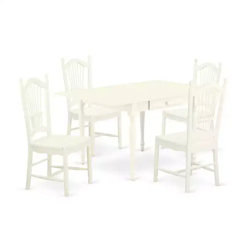 HomeStock 5-Pc Linen White Finish Solid Wood Top - Dining Room Set with Dropleaf - Seats 4