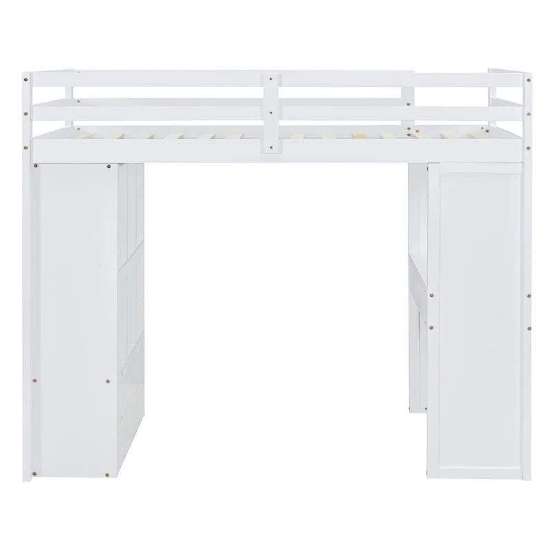 White Full Size Solid Wood Loft Bed with large shelves, writing desk and LED Light for Bedroom