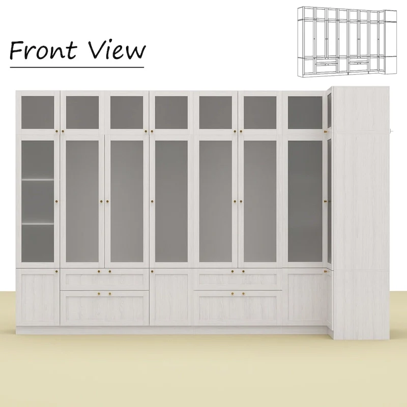 Large Frosted Glass Wardrobe with Soft-Close Hinges | MDF Construction | Light Gray Wood Grain | Gold Handles | Customizable Walk-In Closet