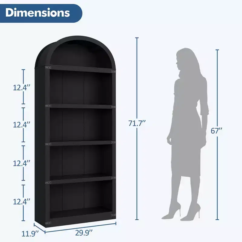 Bookcase 5 Shelf Arched Bookshelf 71.65 in Tall Bookcase Farmhouse Display Storage Rack Wooden Bookshelves for Home Office, Living Room