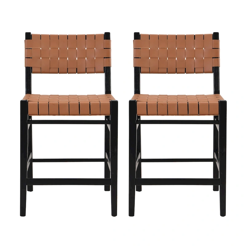 Roomfitters PU Leather Counter Stools, Set of 2 Bar Height Chairs with Woven Back and Rubberwood Frame, Black Brown