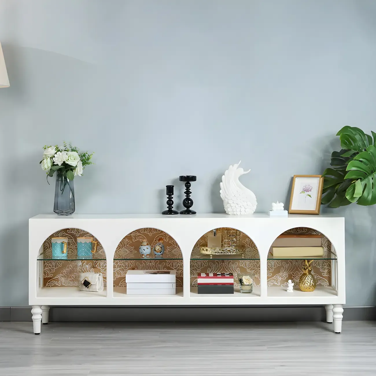 Rectangular White Wood Glass Shelf Display Cabinet