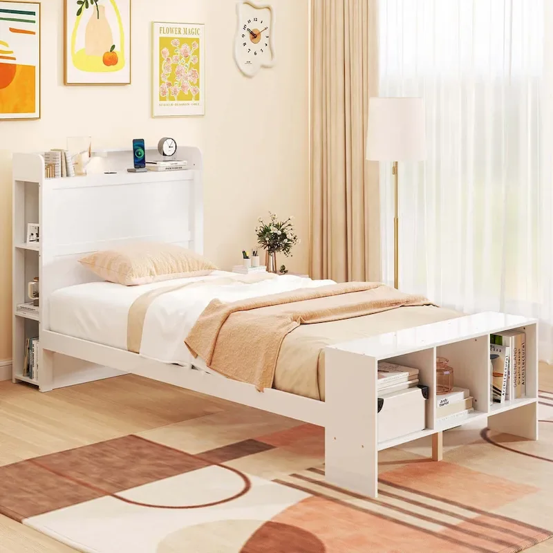 White LED Bed Frame with Storage Headboard & Footboard – Twin/Full, 1-Person