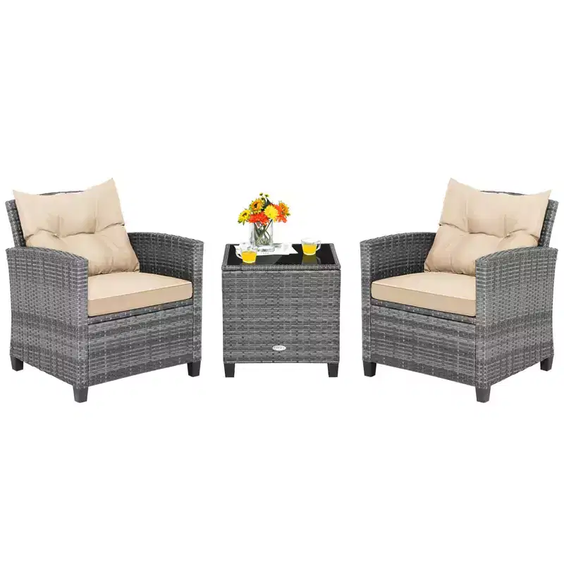 Costway 3PCS Patio Rattan Furniture Bistro Set Cushioned Sofas Side Table Armrest Red/Grey/Navy/Turquoise/Black