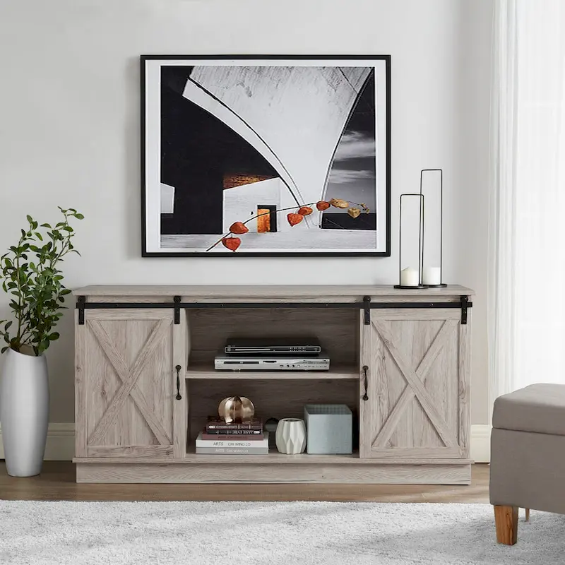 Farmhouse Rustic Wooden 60 TV Stand with Storage Console Cabinet, Sliding Barn Doors Entertainment Center