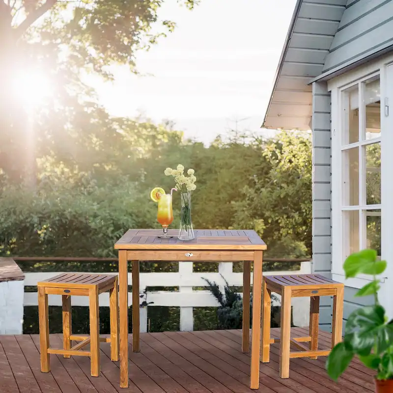 Chic Teak 3 Piece Teak Wood Seville Medium Counter Height Patio Bistro Dining Set, 2 Counters Stools and 35 Square Table