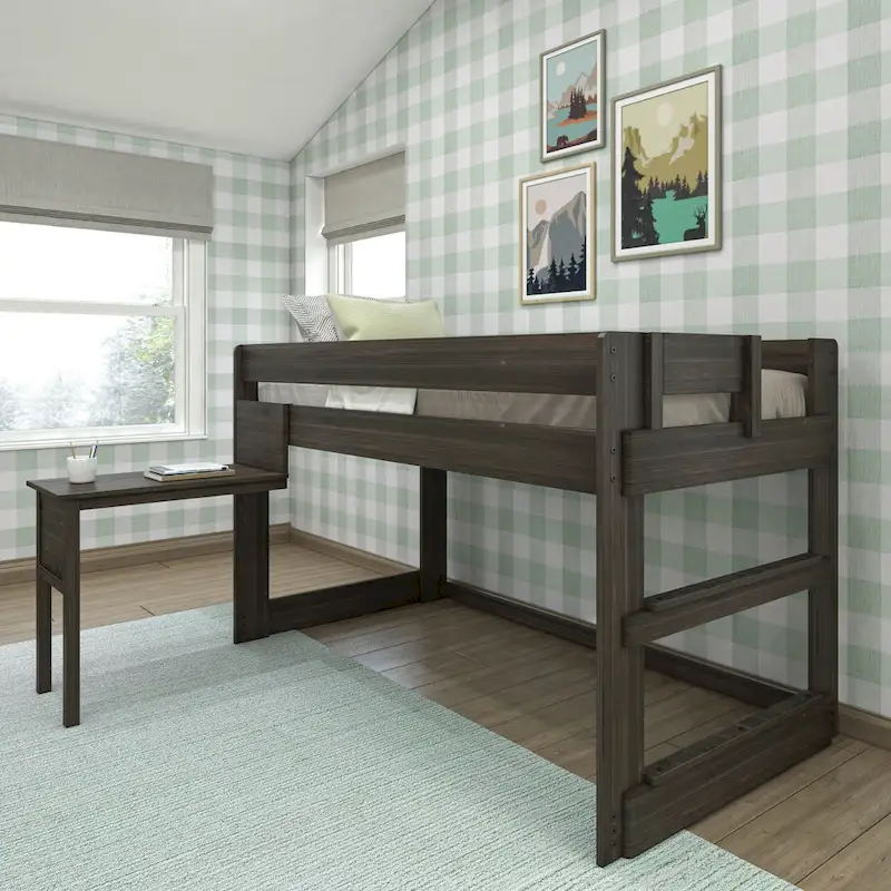 Modern Farmhouse Twin Low Loft Bed with Hook-On Desk – Solid Wood, 400 lb Capacity