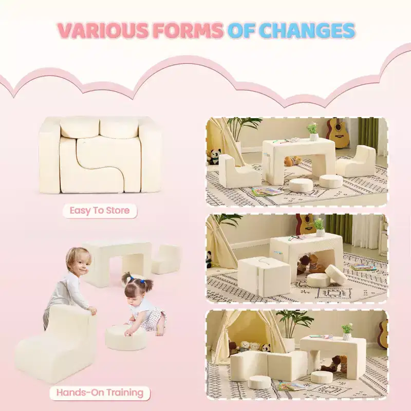 JOYMOR Kids Modular Play Couch Set,Convertible Sofa with Table,2 Chairs & 2 Ottomans,White Corduroy Toddler Sofa for Playroom.