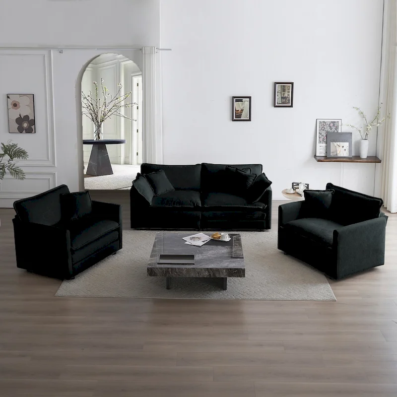 Black 3-Piece Chenille Sofa Set with Loveseat and 2 Single Sofas