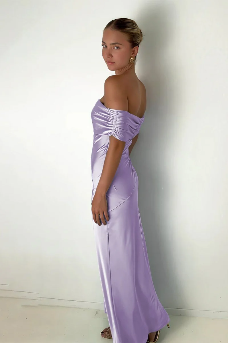 Aqua Sheath Off The Shoulder Satin Long Prom Dresses