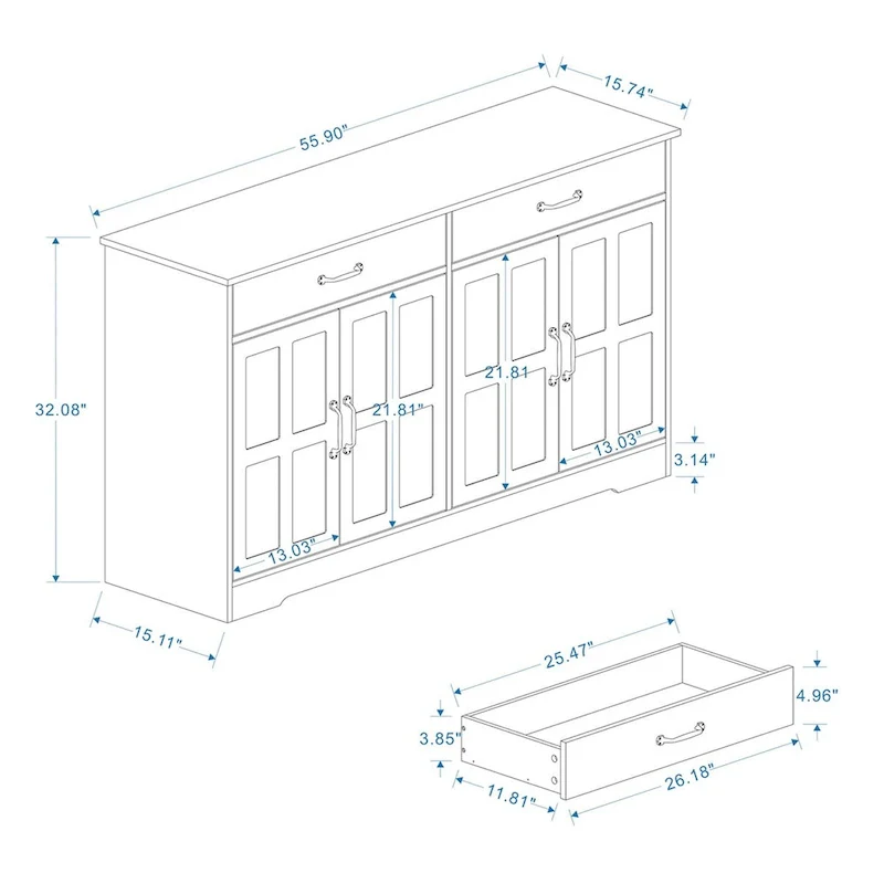 White Farmhouse Buffet Sideboard Cabinet with 2 Drawers & 4 Doors – Single