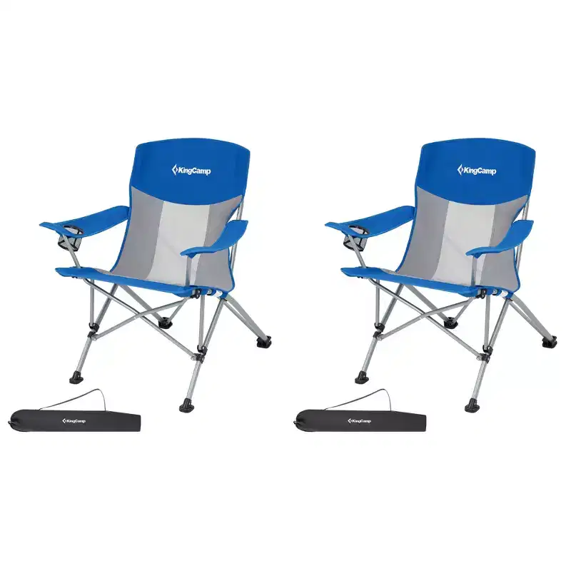 KingCamp Mesh Oversized Outdoor Folding Lounge Chair with Cupholder and Carry Bag for Camping, Sporting Events, or Tailgating, 2 Pack, Blue/Grey