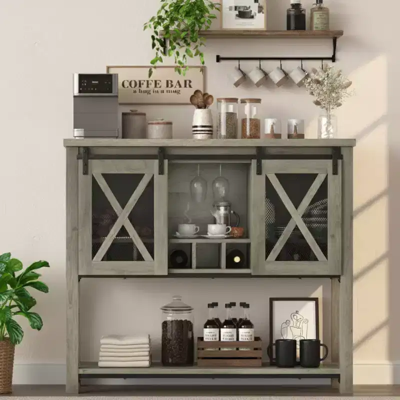 Wine Bar Cabinet with Sliding Barn Door, Rustic Kitchen Buffet Sideboard with Wine Rack & Glass Holder, Storage Liquor Cabinet for Dining Room, Grey