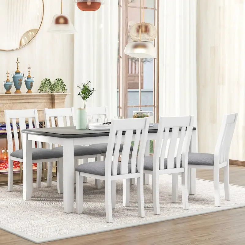 Retro Style 7-Piece Dining Table Set with Extendable Table and 6 Upholstered Chairs