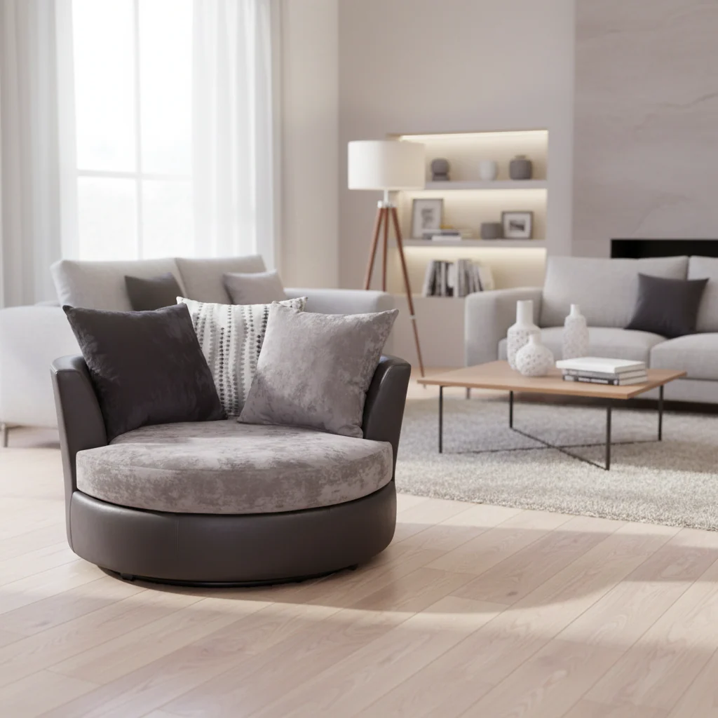 Grey Two-Tone Barrel Chair, Swivel & Caster, 2-Seater