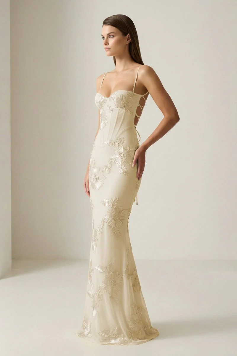 Yellow Spaghetti Straps Sheath Long Prom Dresses With Floral Embroidery