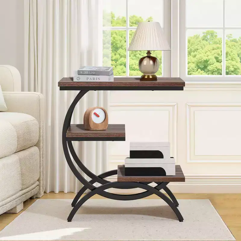 TUYOHW Industrial C-Shape End Table,3-Tier Side Table with Rustic Brown Top & Black Metal Frame,25.6 Height