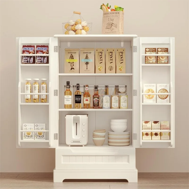 White Freestanding Kitchen Pantry Cabinet, 3 Shelves & 1 Drawer, 1-Person Assembly