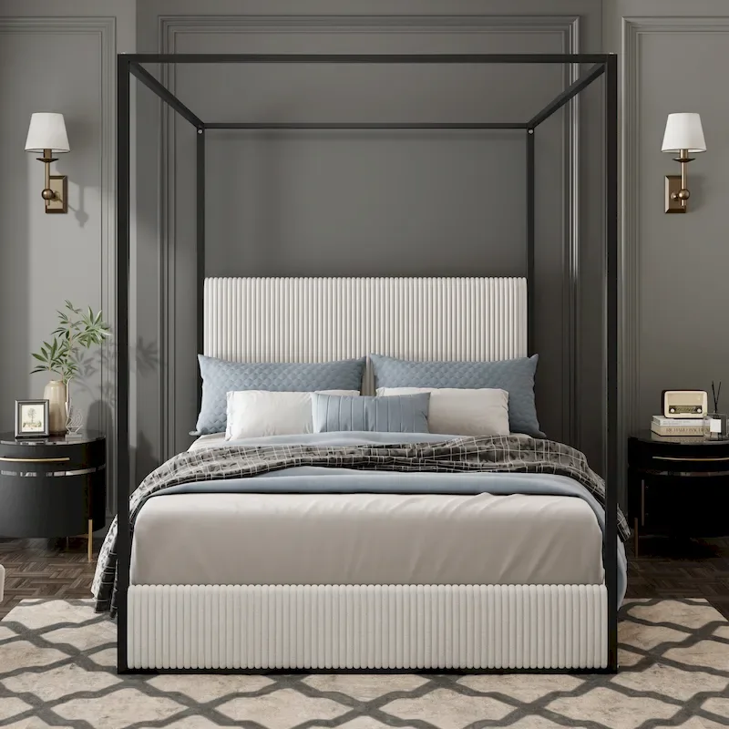 Modern Luxury Metal Canopy Bed with Tall Upholstered Headboard & Four Poster