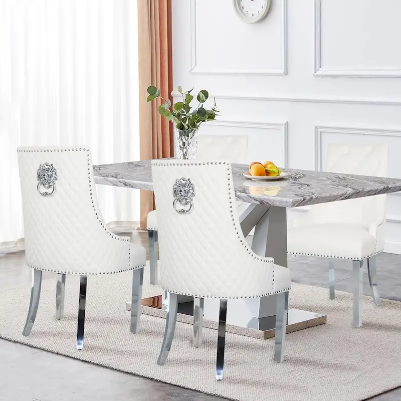 Velvet Dining Chairs Set of 2, Upholstered Tufted Nailhead Dining Room Chairs with Stainless Steel Legs & Lion Head Pull Ring