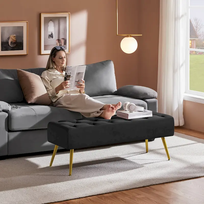 Yaheetech Upholstered Footstool Velvet Ottoman Button-Tufted Table Bench - 451617