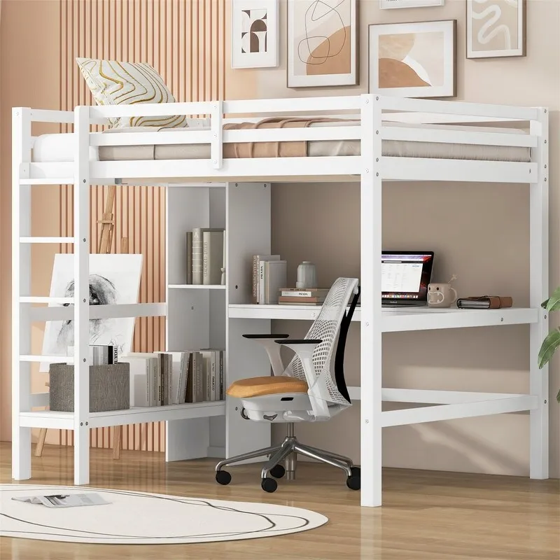 Full Size Loft Bed with Bulit-in Desk and Multifunction Storage Shelves, Wooden Loft Bedframe with Ladder and Guardrail