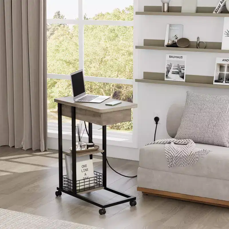 C Shaped Side Table with Charging Station, Flip Top Sofa End Table with USB Ports and Outlets, Narrow Side Table with 3 Tier Storage Shelf - Grey