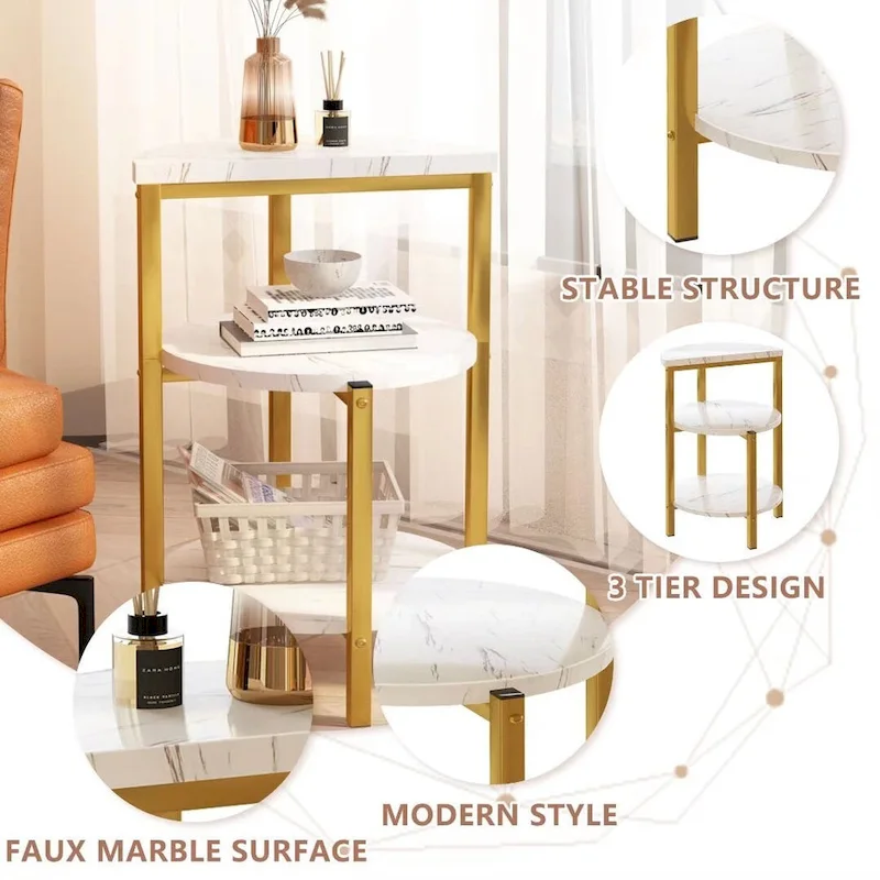 Modern 3 Tier End Table with Marble Tabletop