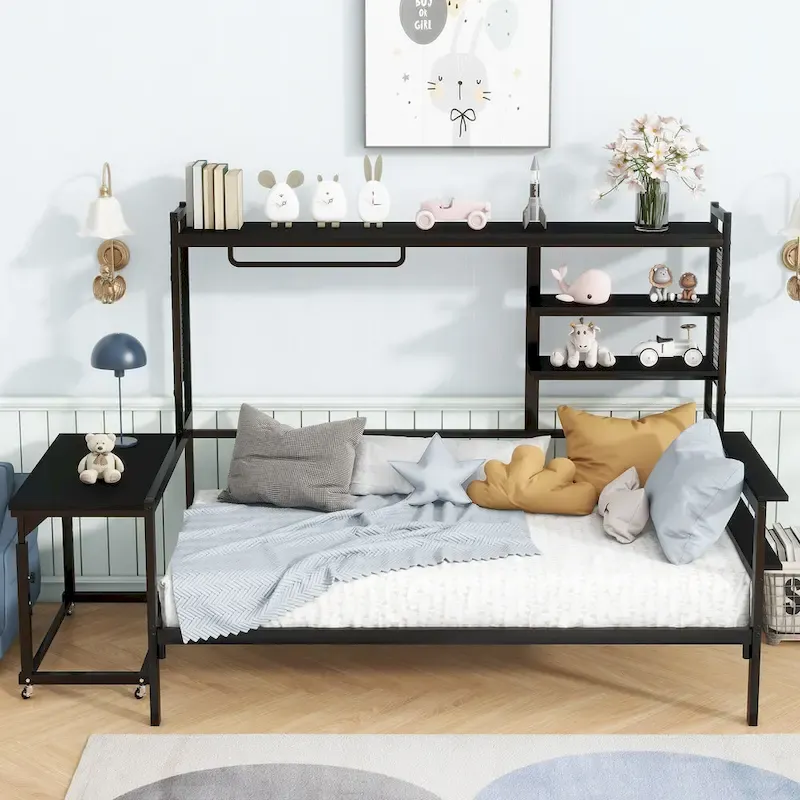 Metal Daybed with Movable Desk, Shelves and Clothes Hanger