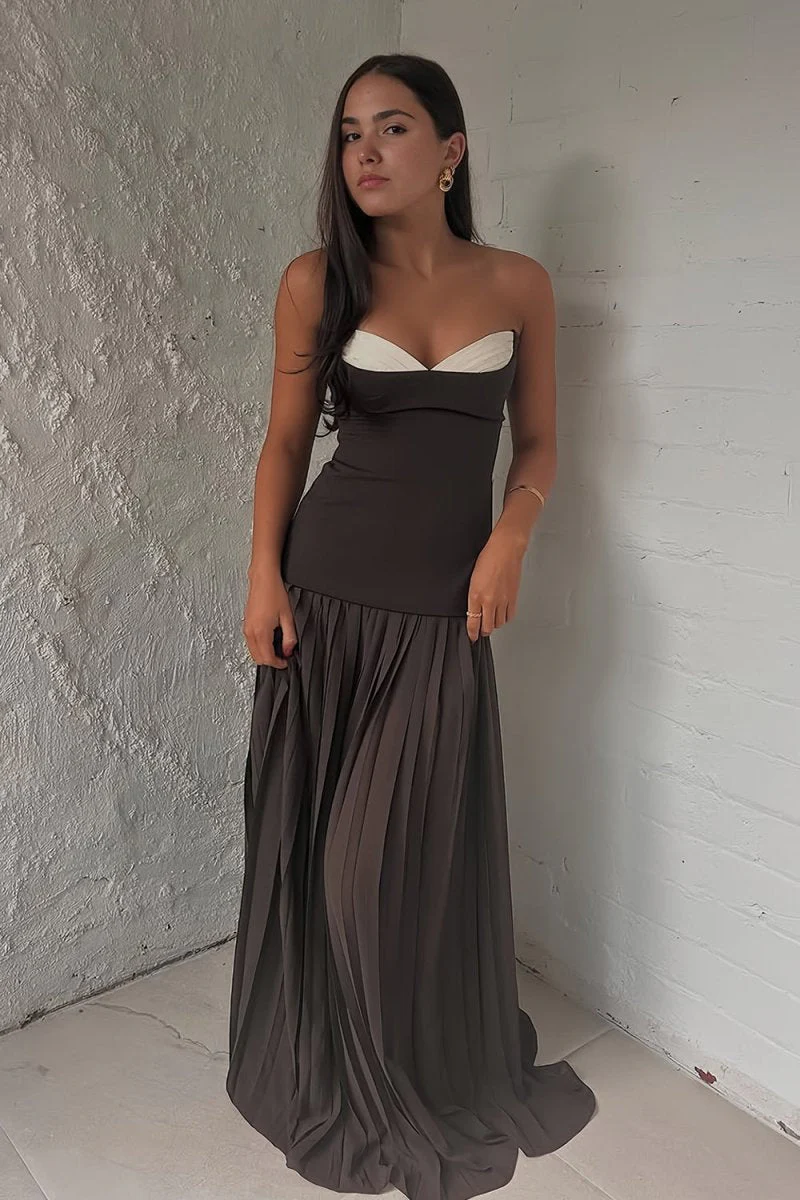 Blue Strapless Sheath Chiffon Pleated Long Prom Dresses