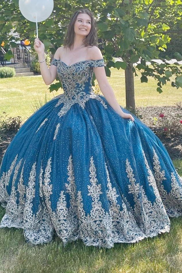 Sparkly Navy Blue Off-the-Shoulder Lace Up Back Quinceanera Dress