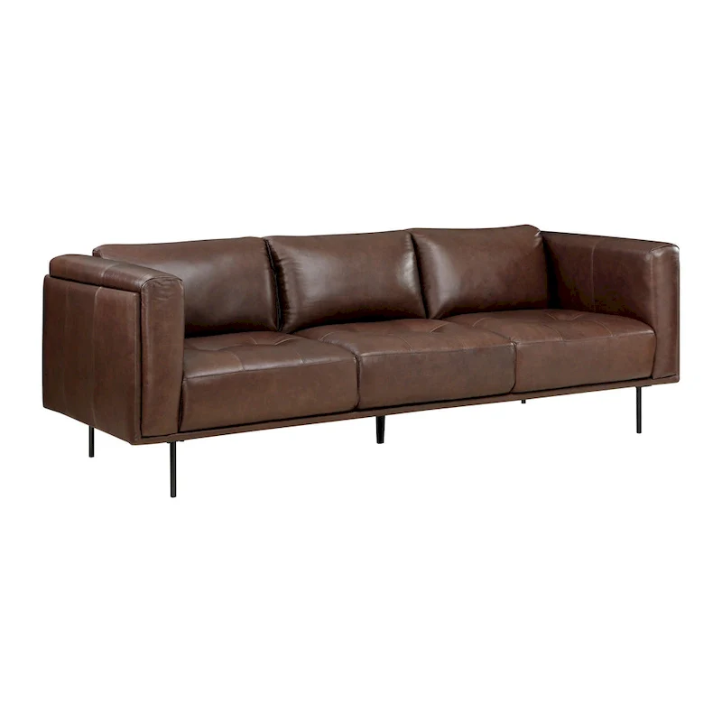 88 Inch Low Back Tufted Sofa, Brown Top Grain Leather, Metal Legs