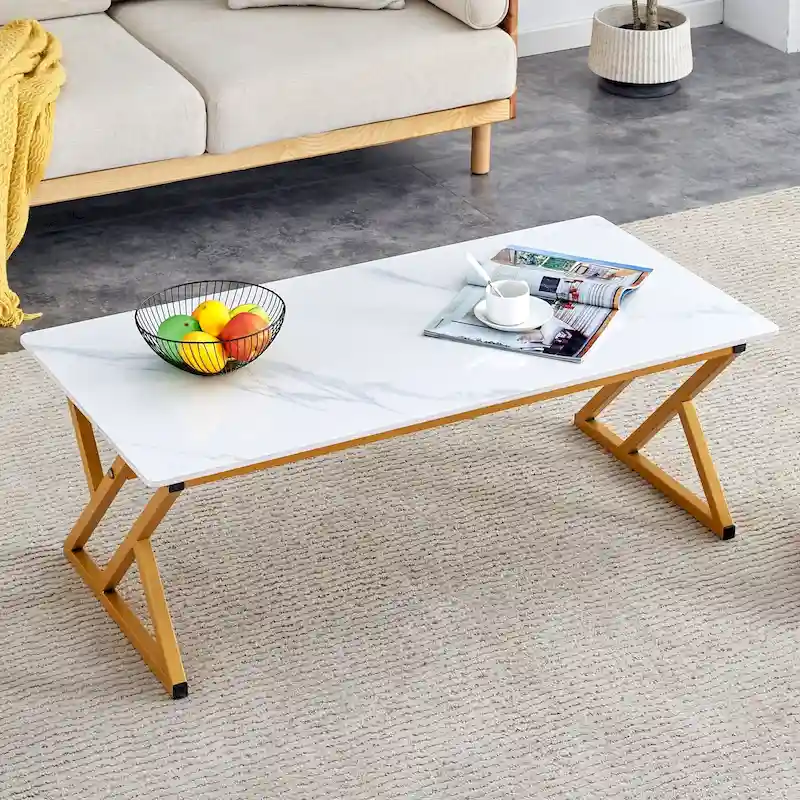 47 Modern Rectangular Coffee Table with Sintered Stone Tabletop and X-shaped Metal Legs